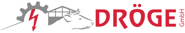 Logo der Dröge GmbH- Eine Bildcollage aus Stall, Zahnrad, Blitz und Kuh in den Farben Grau und Rot
